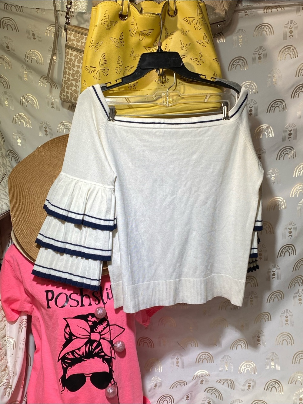 New York & Company White Top with Black Logo Detail